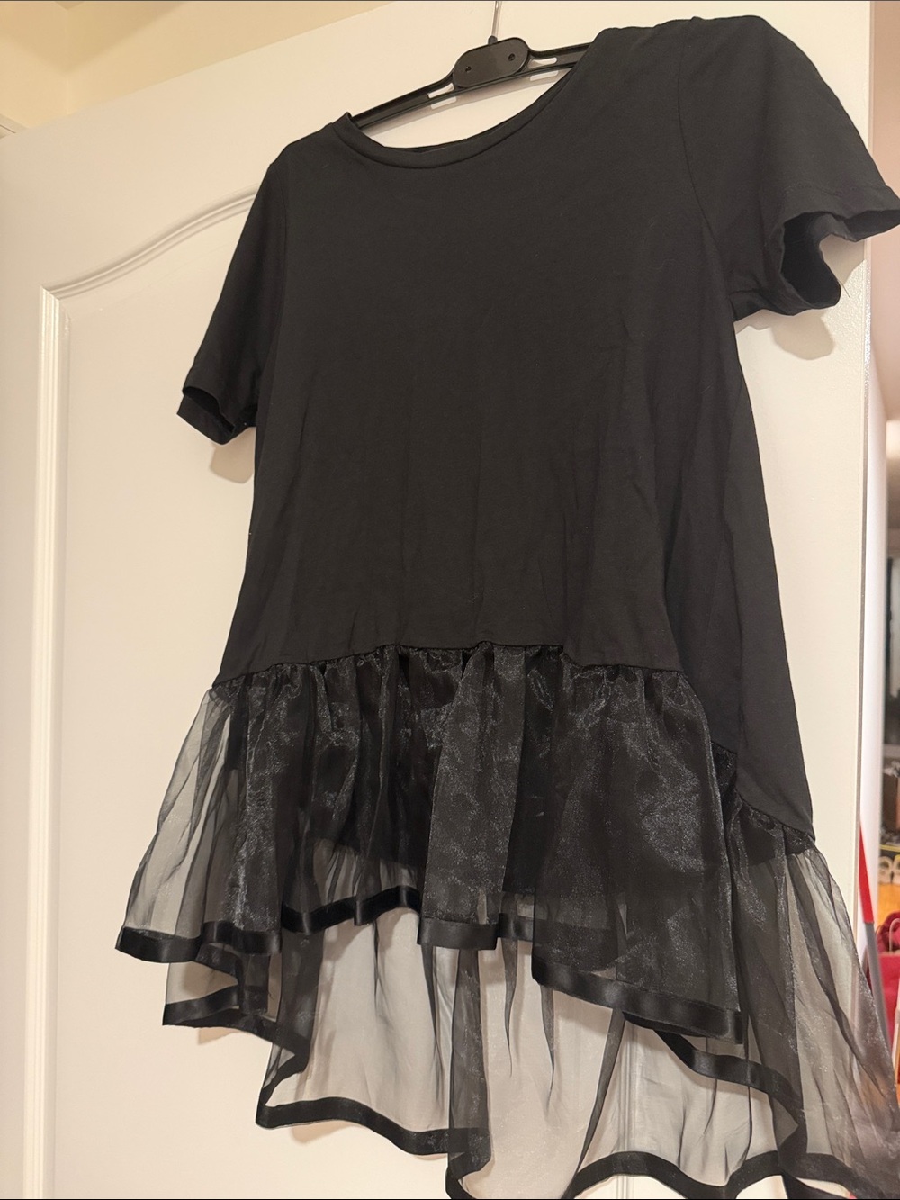 Black Short Sleeve Tee with Sheer Ruffle Hem